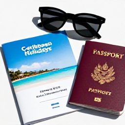 Caribbean Holidays, Luxury June Holidays, Luxury Caribbean holiday planning scene with travel guide, sunglasses, passport and resort brochure on a sunlit table