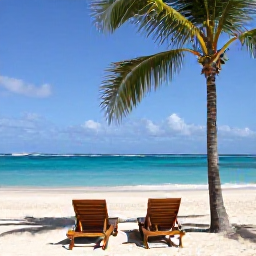 Caribbean Holidays, Luxury June Holidays, Peaceful luxury Caribbean beach on Saint Martin in June, turquoise sea, palm trees and two empty sun loungers