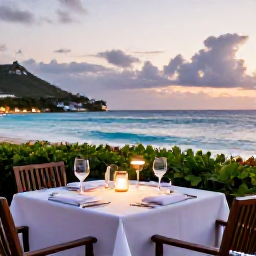 Caribbean Holidays, Luxury June Holidays, Romantic fine dining restaurant in Grand Case, Saint Martin, table beside the sea with Caribbean evening light
