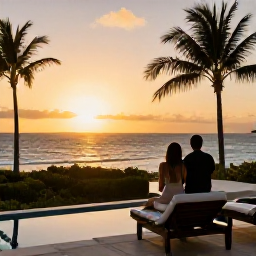 Caribbean Holidays, Luxury March, Couple watching a golden Caribbean sunset from a private terrace overlooking Saint Martin, with palm trees and calm sea