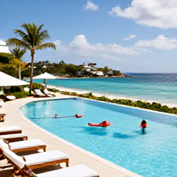 Caribbean Holidays, Luxury March, Elegant beachfront luxury hotel on Saint Martin with an infinity pool, loungers, palm trees and calm Caribbean Sea