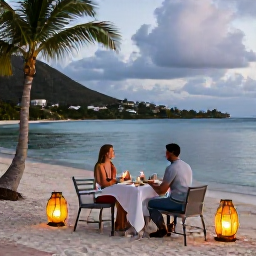 Caribbean Holidays, Luxury March Holidays, Couple enjoying a stylish beachfront dinner under lanterns in the United States Virgin Islands, calm sea and tropical evening