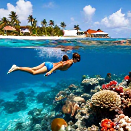 Caribbean Holidays, Luxury March Holidays, Couple snorkelling above a colourful Caribbean coral reef in clear shallow water near a luxury island resort