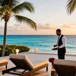 Caribbean Holidays, Luxury March Holidays, Elegant luxury Caribbean hotel terrace overlooking a bright blue sea at sunset, with comfortable loungers and attentive service