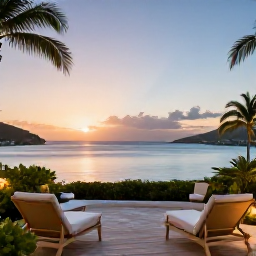 Caribbean Holidays, Luxury March Holidays, Elegant luxury resort terrace overlooking a calm Caribbean bay at sunset in St Thomas, United States Virgin Islands