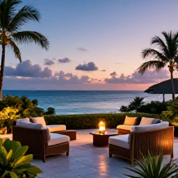 Caribbean Holidays, Luxury March Holidays, Elegant Saint Lucia hotel terrace overlooking the Caribbean Sea at sunset, comfortable seating, soft lighting and tropical gardens