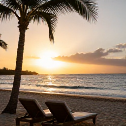 Caribbean Holidays, Luxury March Holidays, Luxury Caribbean beach at golden hour with two comfortable loungers, gentle waves, palm trees and a peaceful sunset
