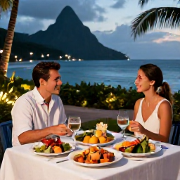 Caribbean Holidays, Luxury March Holidays, Refined Caribbean dinner at a Saint Lucia resort, fresh local seafood, tropical ingredients and ocean views in the evening