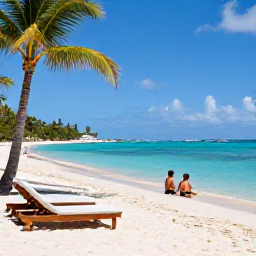 Caribbean Holidays, Luxury Martinique March, Luxury Martinique beach scene in March, white sand, clear blue water, sun loungers and a couple enjoying a peaceful swim