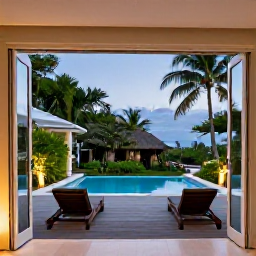 Caribbean Holidays, Luxury Martinique March, Luxury Martinique hotel suite with open doors to a private terrace, tropical garden, plunge pool and soft evening light