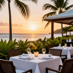 Caribbean Holidays, Luxury Martinique March, Stylish Martinique restaurant terrace serving French-Caribbean cuisine at sunset, with tropical greenery and ocean views