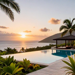 Caribbean Holidays, Luxury Montserrat, Elegant Montserrat hotel terrace with infinity pool, tropical gardens and views towards the Caribbean at sunset