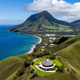 Caribbean Holidays, Luxury Montserrat July, Aerial view of Montserrat's green volcanic coastline, deep blue Caribbean Sea and a luxury villa in the foreground