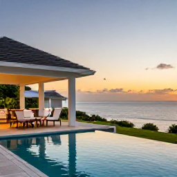Caribbean Holidays, Luxury Montserrat July, Elegant private villa terrace overlooking the Caribbean Sea at sunset, with a plunge pool, outdoor dining and comfortable loungers