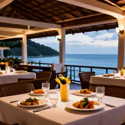 Caribbean Holidays, Luxury Montserrat July, Outdoor restaurant in Montserrat serving elegant Caribbean cuisine, with fresh seafood, tropical fruit and relaxed evening lighting