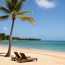 Caribbean Holidays, Luxury Montserrat July, Quiet golden beach on Montserrat with palm trees, clear turquoise water and two luxury sun loungers