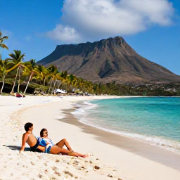 Caribbean Holidays, Luxury Montserrat, Luxury couple relaxing on a quiet Montserrat beach with turquoise water, palm trees and volcanic landscape