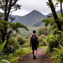 Caribbean Holidays, Luxury Montserrat, Traveller walking through lush Montserrat rainforest on a guided trail with volcanic mountains in the background