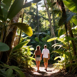 Caribbean Holidays, Luxury Nature Holidays, Couple hiking through lush Caribbean rainforest with a local guide, tropical plants and sunlight through the trees