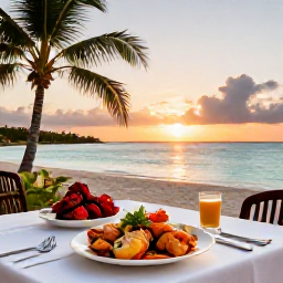 Caribbean Holidays, Luxury Nature Holidays, Elegant Caribbean beachfront restaurant serving fresh local seafood at sunset, with palms and calm turquoise water