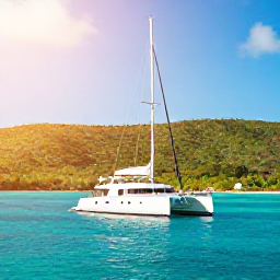 Caribbean Holidays, Luxury November, A luxury catamaran anchored in a bright turquoise bay beside green British Virgin Islands, warm November sunshine
