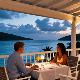 Caribbean Holidays, Luxury November, Couple dining at an elegant open-air restaurant overlooking the Caribbean sea in the British Virgin Islands at dusk