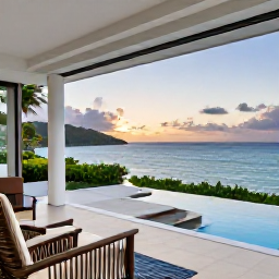 Caribbean Holidays, Luxury November, Elegant beachfront villa terrace overlooking a calm Caribbean sea at sunset in the British Virgin Islands