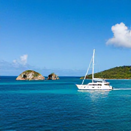 Caribbean Holidays, Luxury November, Private sailing yacht cruising past rocky islands and hidden coves in the British Virgin Islands under clear blue skies