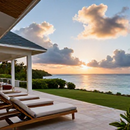 Caribbean Holidays, Luxury October, Luxury beachfront villa terrace overlooking a calm Caribbean sea at sunset in Saint Barth&eacute;lemy