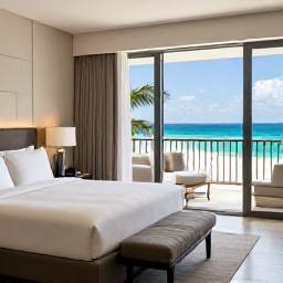 Caribbean Holidays, Luxury Puerto Rico, Elegant Puerto Rican hotel suite with ocean views, contemporary furnishings, balcony and soft tropical light