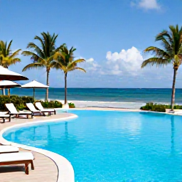 Caribbean Holidays, Luxury Puerto Rico, Elegant Puerto Rican resort pool overlooking a tropical beach, with sun loungers, palm trees and clear blue water