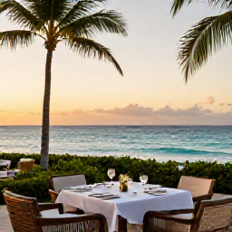 Caribbean Holidays, Luxury Puerto Rico, Luxury beachfront resort in Puerto Rico at sunset, with palm trees, calm turquoise sea and elegant outdoor dining