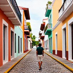 Caribbean Holidays, Luxury Puerto Rico, Luxury traveller walking through colourful Old San Juan, with Spanish colonial buildings, cobbled streets and historic architecture