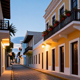 Caribbean Holidays, Luxury Puerto Rico, Old San Juan in August, colourful colonial buildings, cobbled street, balconies, tropical plants and warm evening light