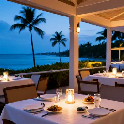 Caribbean Holidays, Luxury Puerto Rico, Sophisticated Puerto Rican restaurant terrace in August, tropical evening setting, elegant table setting and local cuisine
