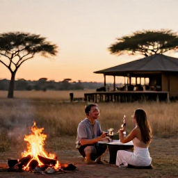 Caribbean Holidays, Luxury Safari Holidays, Couple enjoying a sunset drink beside a campfire overlooking the African savannah, with a luxury lodge in the background