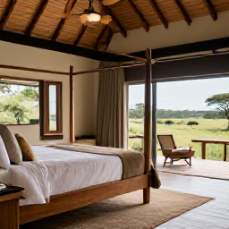 Caribbean Holidays, Luxury Safari Holidays, Elegant luxury safari lodge interior with natural materials, a four-poster bed and views across the African bush