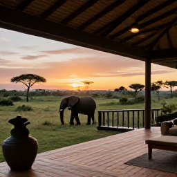 Caribbean Holidays, Luxury Safari Holidays, Luxury safari lodge overlooking an African savannah at sunrise, with a private deck and distant elephants