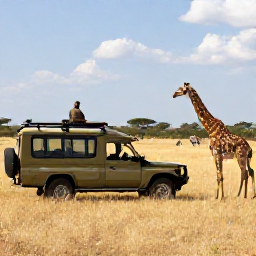 Caribbean Holidays, Luxury Safari Holidays, Open-sided luxury safari vehicle watching giraffes and zebra on a golden African plain, with an experienced guide
