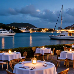 Caribbean Holidays, Luxury Saint Barth&eacute;lemy, A relaxed evening in Gustavia, Saint Barth&eacute;lemy, with harbour lights, outdoor restaurant tables and elegant boats