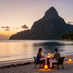 Caribbean Holidays, Luxury Saint Lucia, Couple enjoying a private sunset dinner beside a quiet Saint Lucia beach with lanterns and tropical scenery