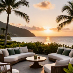 Caribbean Holidays, Luxury Saint Lucia, Elegant Saint Lucian resort terrace at sunset, with ocean views, comfortable seating and tropical gardens