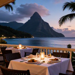 Caribbean Holidays, Luxury Saint Lucia, Elegant Saint Lucian restaurant terrace at dusk, serving Caribbean cuisine with views of the sea and Pitons