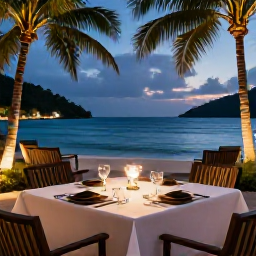 Caribbean Holidays, Luxury Saint Lucia, Fine dining table at a Saint Lucia luxury resort, overlooking the sea with tropical evening lighting