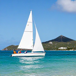 Caribbean Holidays, Luxury Saint Martin, Couple sailing on clear Caribbean water near Saint Martin, with green hills and a bright blue sky