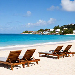 Caribbean Holidays, Luxury Saint Martin, Elegant beachfront resort on Saint Martin with turquoise sea, white sand and comfortable sun loungers