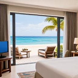 Caribbean Holidays, Luxury Saint Martin, Luxurious hotel room with private terrace overlooking a Caribbean beach on Saint Martin