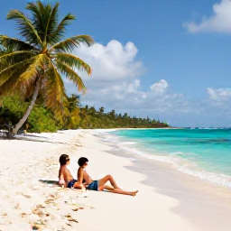 Caribbean Holidays, Luxury Scuba Diving, Couple relaxing on a quiet Caribbean beach after scuba diving, with palm trees and turquoise water