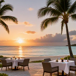 Caribbean Holidays, Luxury Scuba Diving, Elegant Caribbean beachfront resort at sunset with outdoor dining, palm trees and calm sea
