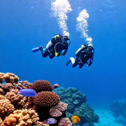 Caribbean Holidays, Luxury Scuba Diving, Scuba divers descending over a vibrant Caribbean coral reef with tropical fish and clear blue visibility